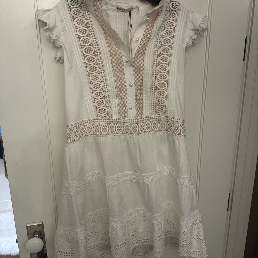 Alice + Olivia White Embroidered Ruffle Sleeve Dress - Picture 5 of 6